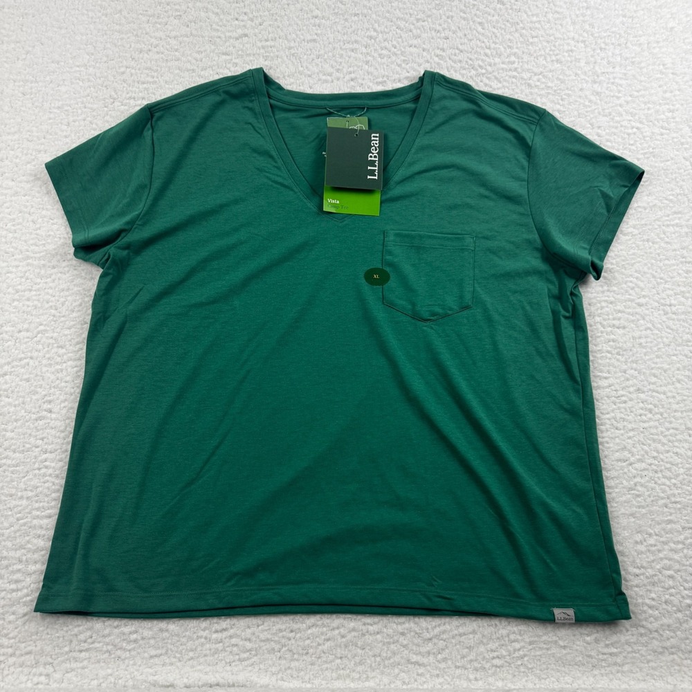 L.L.Bean Vista Camp T Shirt Womens XL Green V Neck Chest Pocket Short Sleeve